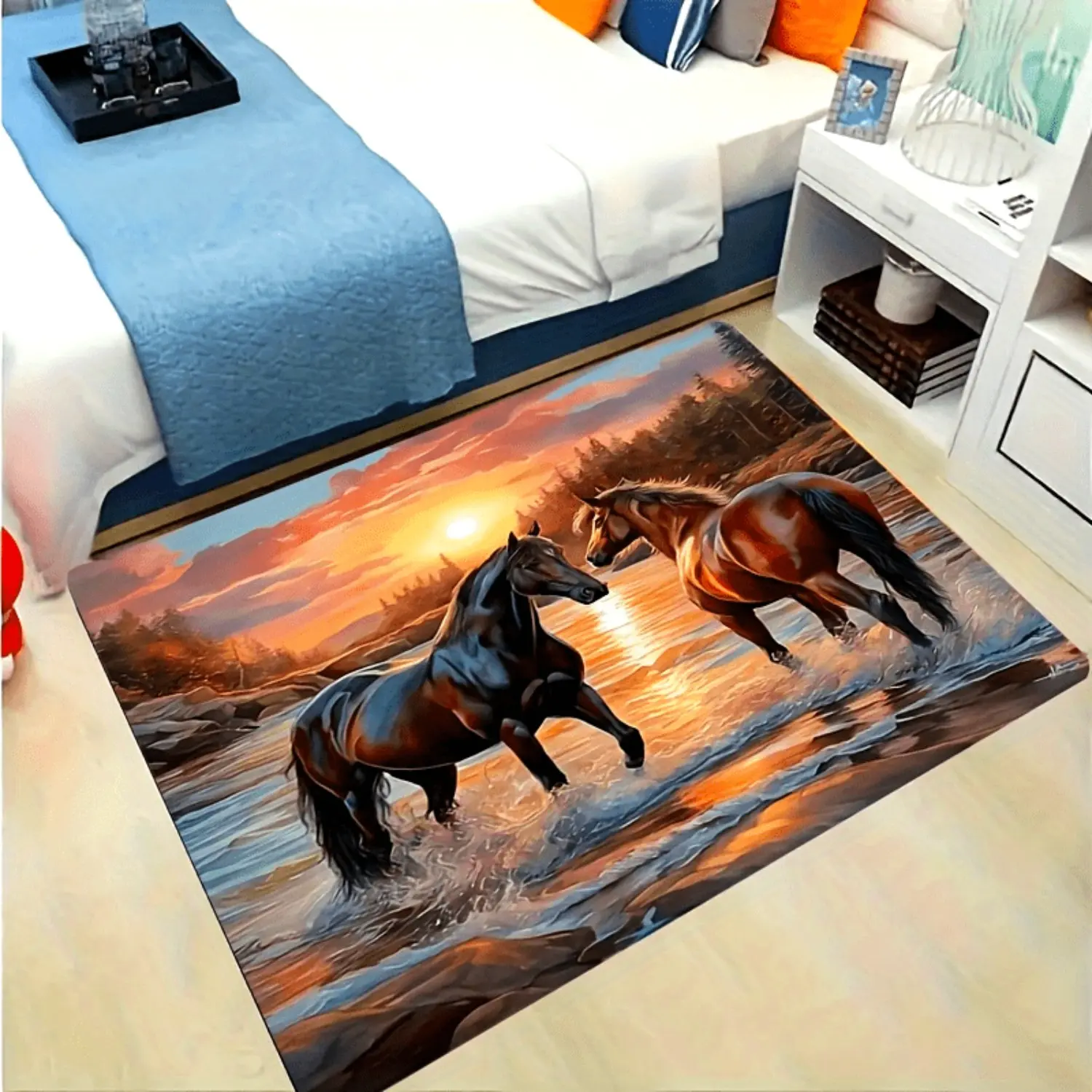 2 Running Horses Sunset Landscape Large Area Rug - Wild Horse Scenery Print Non-Slip Indoor Floor Rug for Living Room, Bedroom Home Decor