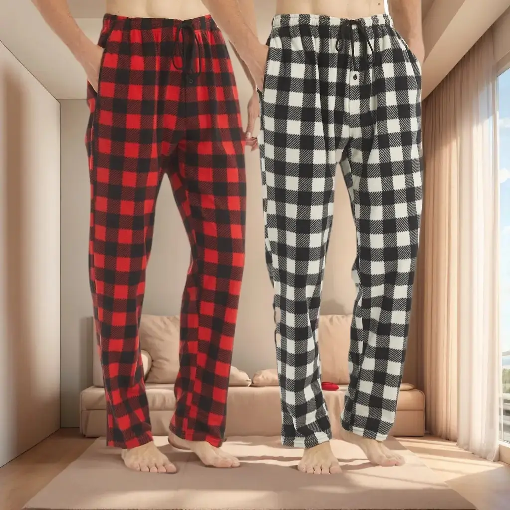 Plaid Christmas Pajama Pants with Pockets Men's Fleece Classic Pajama Pants Lounge Sleepwear Soft Elastic Waist Loose Fabric Loungewear Menswear Blue Red