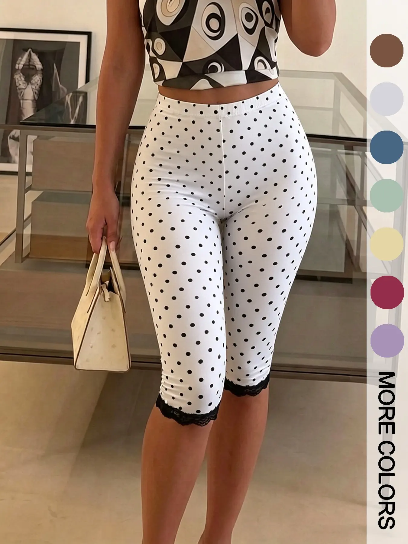 Women's Trendy Chic Capri Pants, Casual Leggings, Polka Dot Vintage Lace Trim High Waist Slim Fit Capri Pants, Y2K Sexy Street Style Cropped Pants, Fashionable Coquette Aesthetic Streetwear, Suitable for Avant-Garde Daily Outing Party Bottoms