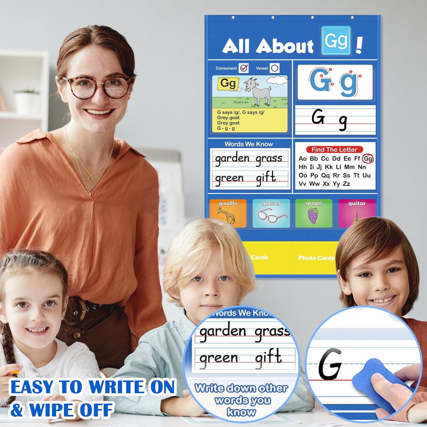 Alphabet Learning Pocket Chart, Letter Recognition Tool, Classroom Wall Chart Supports Early Literacy/Interactive Homeschool Aid for Kindergarten