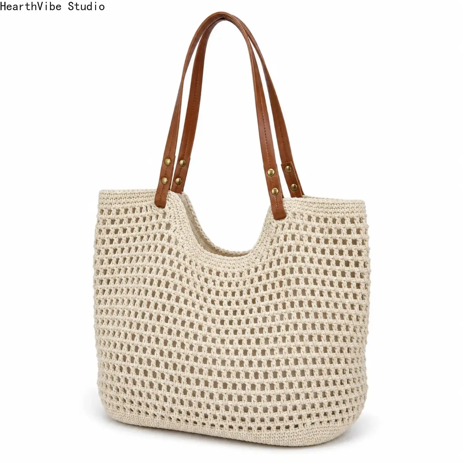 Crochet Tote Bag for Women, Hollow Out Knitted Mesh Shoulder Bag with Faux Leather Handles, Summer Beach Bag, Boho Woven Purse for Travel, Vacation, Shopping & Daily Use