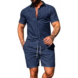 Runcati Mens Summer Beach Outfits 2 Piece Short Sleeve Sets Button Down Linen Cotton Shirts and Shorts Casual Vacation Set