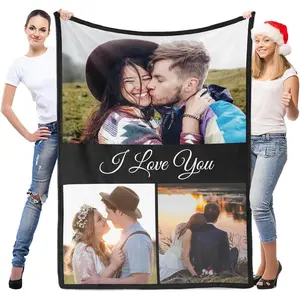 Custom Couple 3 Picture Flannel Throw, I Love You Romantic Photo Soft Warm Blanket, Cozy Sentimental Gift for Her Him, Couch Sofa Bed Memory Decor, AC Summer Nap Blanket, Anniversary Valentine Wedding Gift for Girlfriend Boyfriend