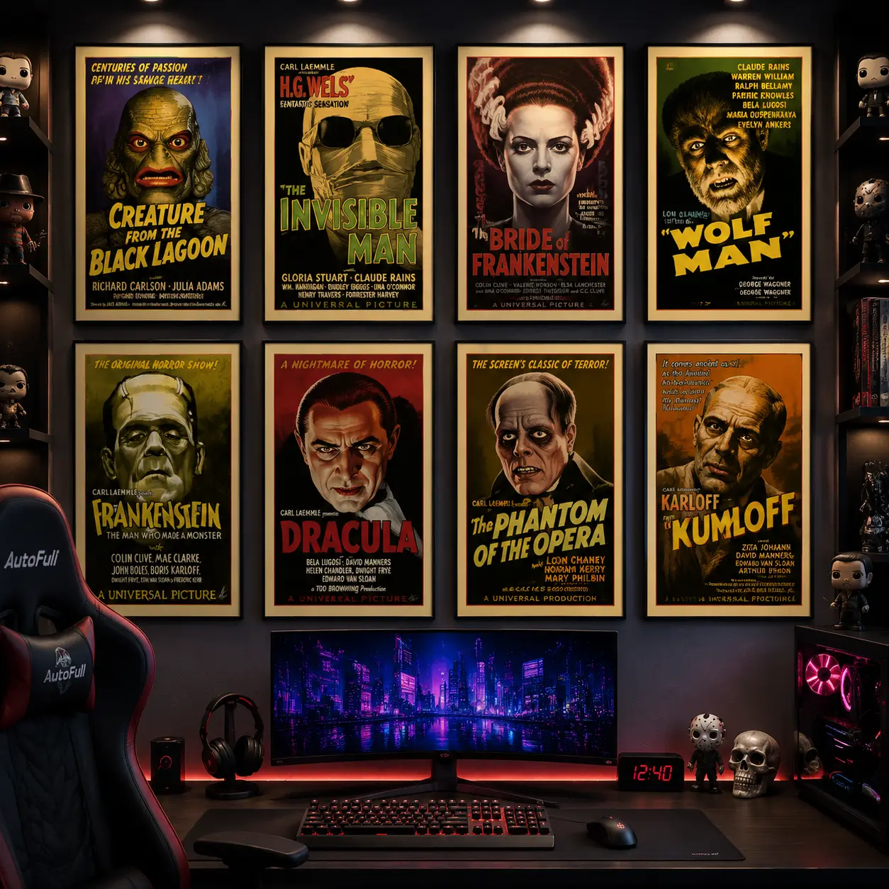 Classic Monster Horror Canvas Poster, Vintage Movie Wall Art Print, Halloween Gothic Room Decor for Bedroom Dorm Man Cave, Horror Fan Boyfriend Gift