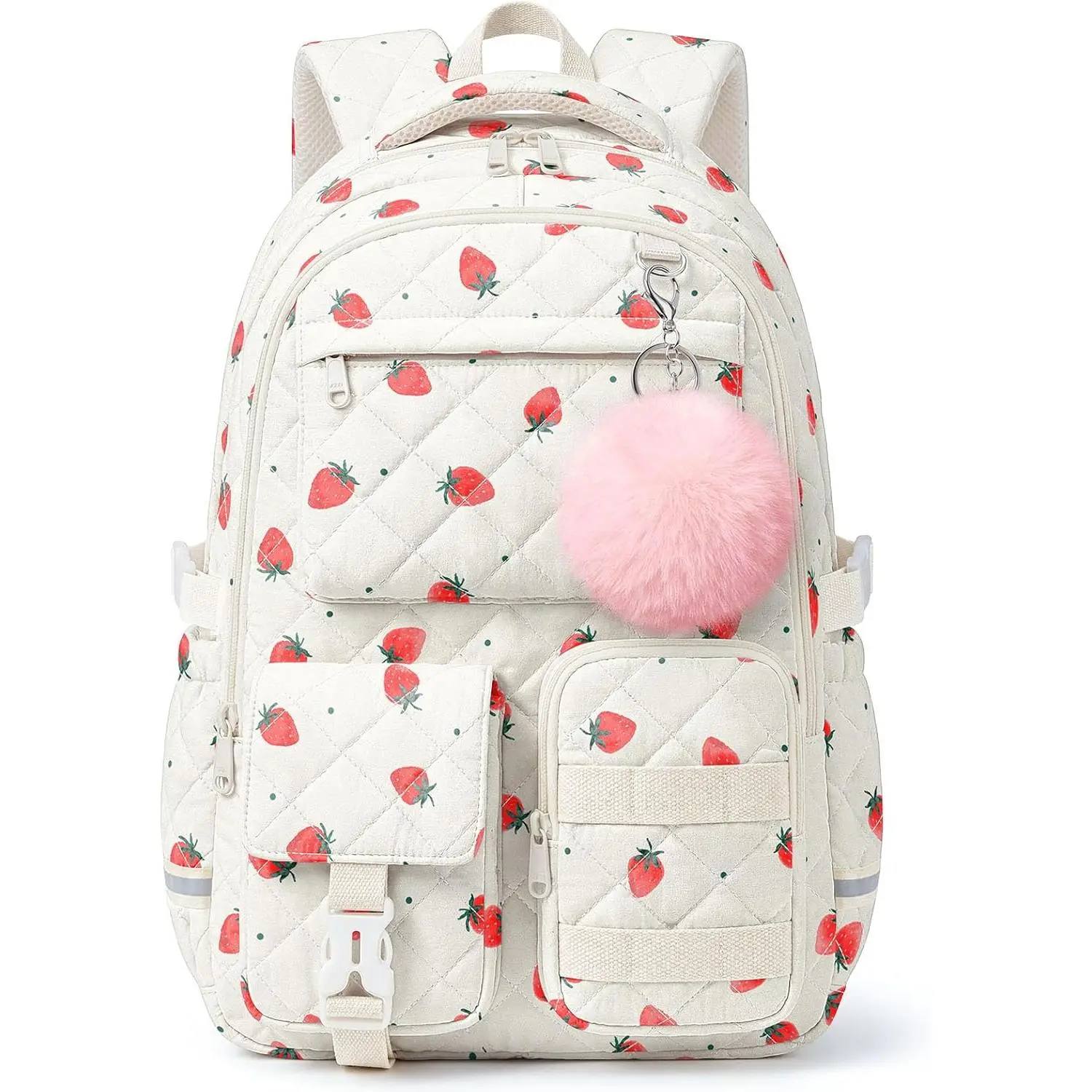 Quilted Backpack for Teen Girls, Cute Strawberry School Backpack with Multi-Pocket Design, Lightweight  Bookbag Fits 15.6" Laptop, Large Capacity Aesthetic Backpack with Plush Charm