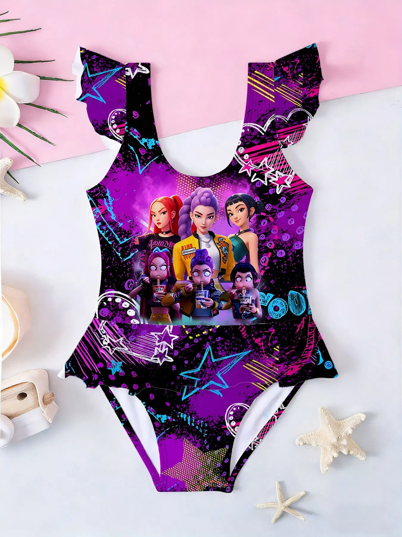 Girls' One-Piece Swimsuit, Graffiti Style Cartoon Print Ruffle Sleeveless Swimwear, Summer Beach Bathing Suit, Casual Romper, Ruffle Trim Swimsuit