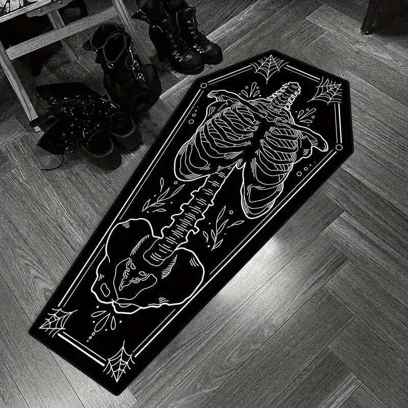 Halloween Home Decor Carpet, Skull and Spider Print Coffin Shape Mat, Creative Unique Holiday Gift Rug, Soft Washable Floor Covering, Soft Area Rug