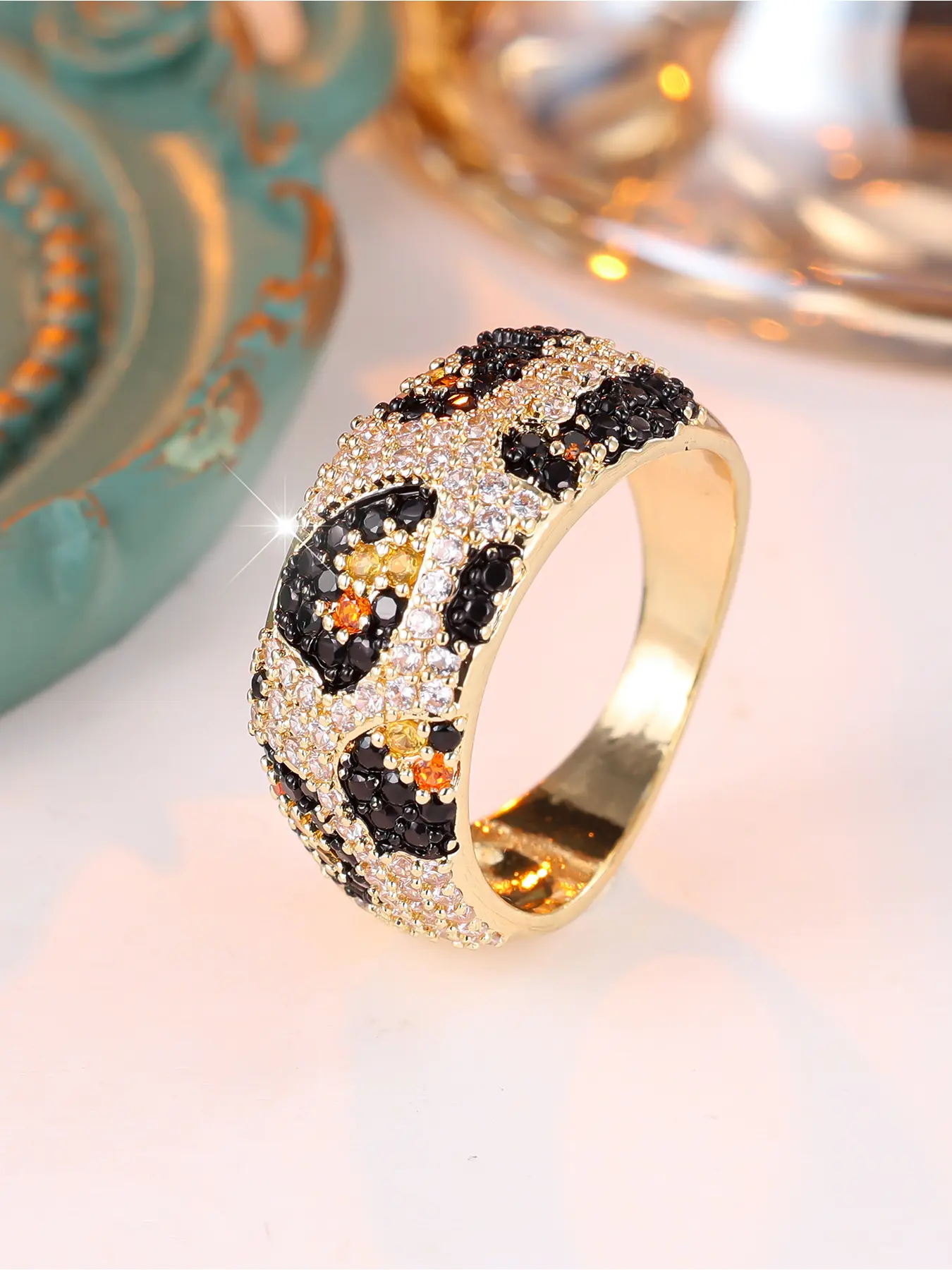 Trendy Gold Leopard Print Paved CZ Domed Ring Mixed Black White Amber Zircon Wide Band Women Statement Jewelry for Party Night Out Daily Life Sparkling Rings