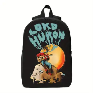Lord Huron Inspired Backpack - Guitar and Elk Pattern Music Theme, Black with Blue-Green Accents, Suitable for School, College, and Concerts - Zipper Closure