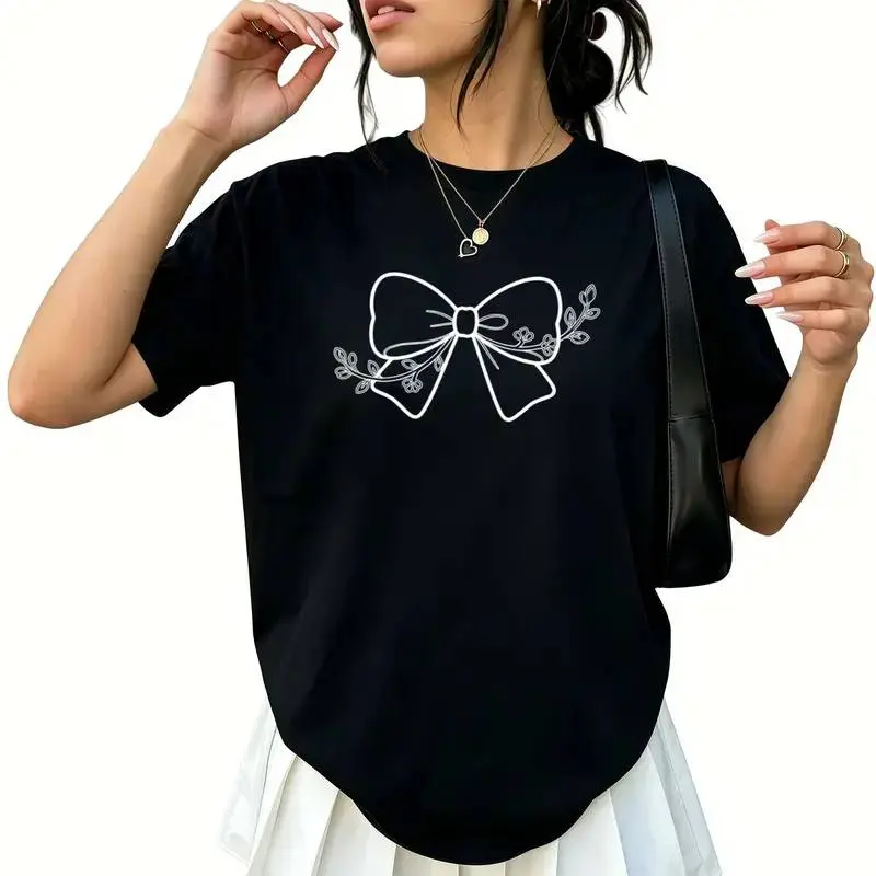 Women's Oversized Floral Bow Graphic Tee 100% Cotton Short Sleeve Crew Neck Casual Vintage Graphic T Shirt Cute Coquette Shirt Summer Spring Everyday Wear Graduation Gift Unisex