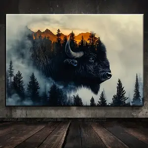 2D print, 2D print, 1-piece packaged solid wood frame, includes a beautiful poster depicting a Bison in a pine forest, perfect for decorating rooms, houses, holidays, living spaces, and entrances