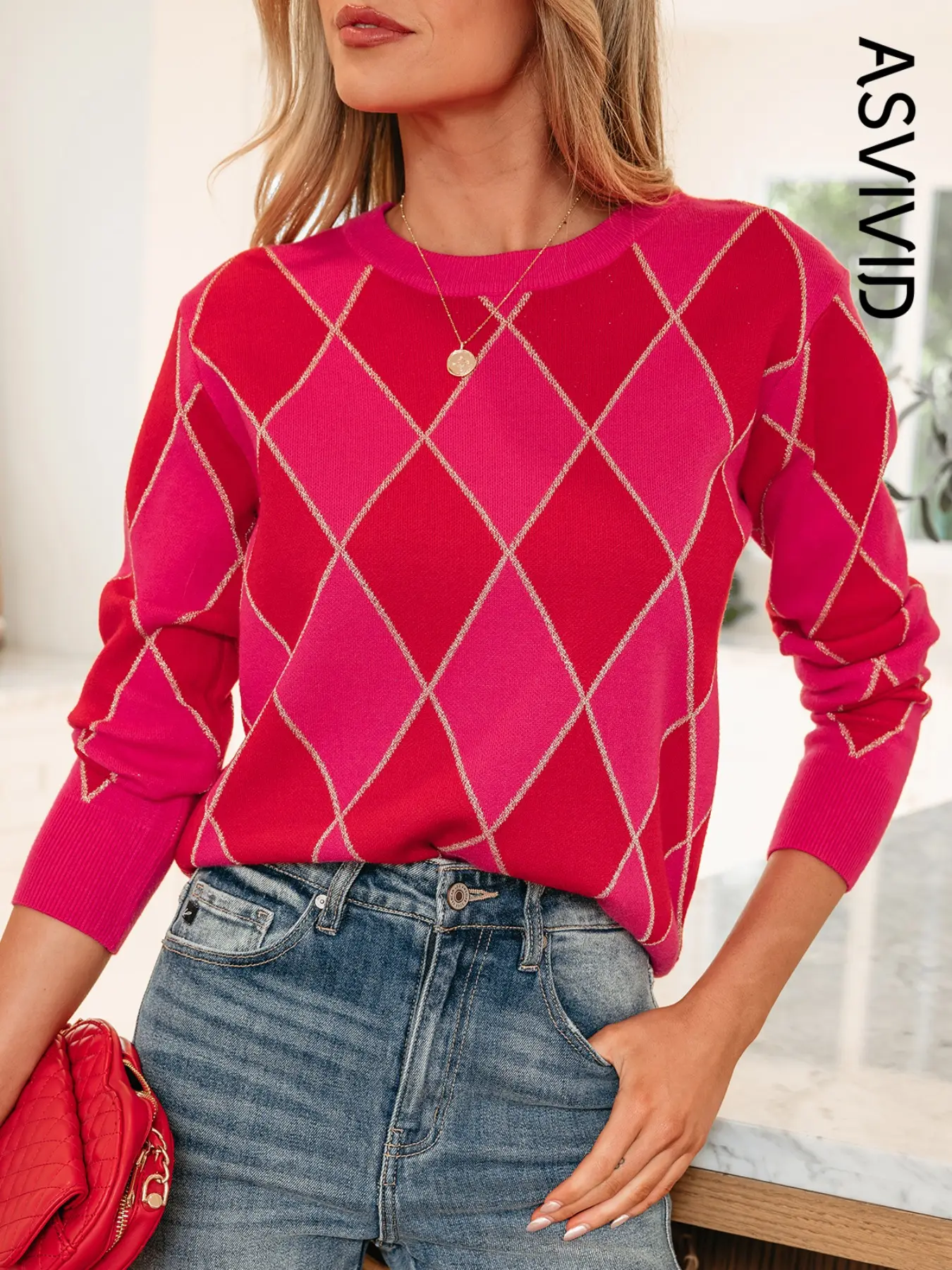 Women's Casual Glitter Rhombus Pattern Knit Sweater Pullover, Long Sleeve Spring & Fall Fashion, Geometric Style for Daily Wear