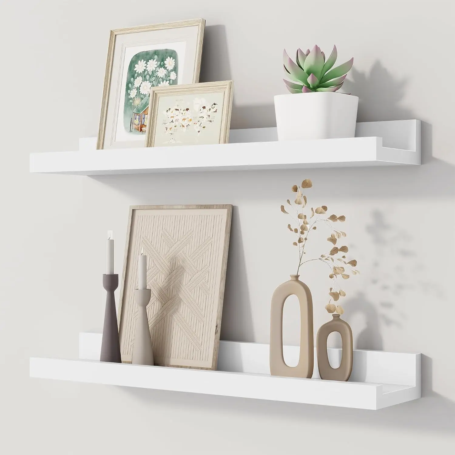 Floating Picture Ledge Shelves Set of 2 - 16 Inch Solid Wood Wall Shelves with Lip, Large Nursery Bookshelf for Toys Storage, Ideal for Kids Room Living Room Bedroom Decor Display Frames, White