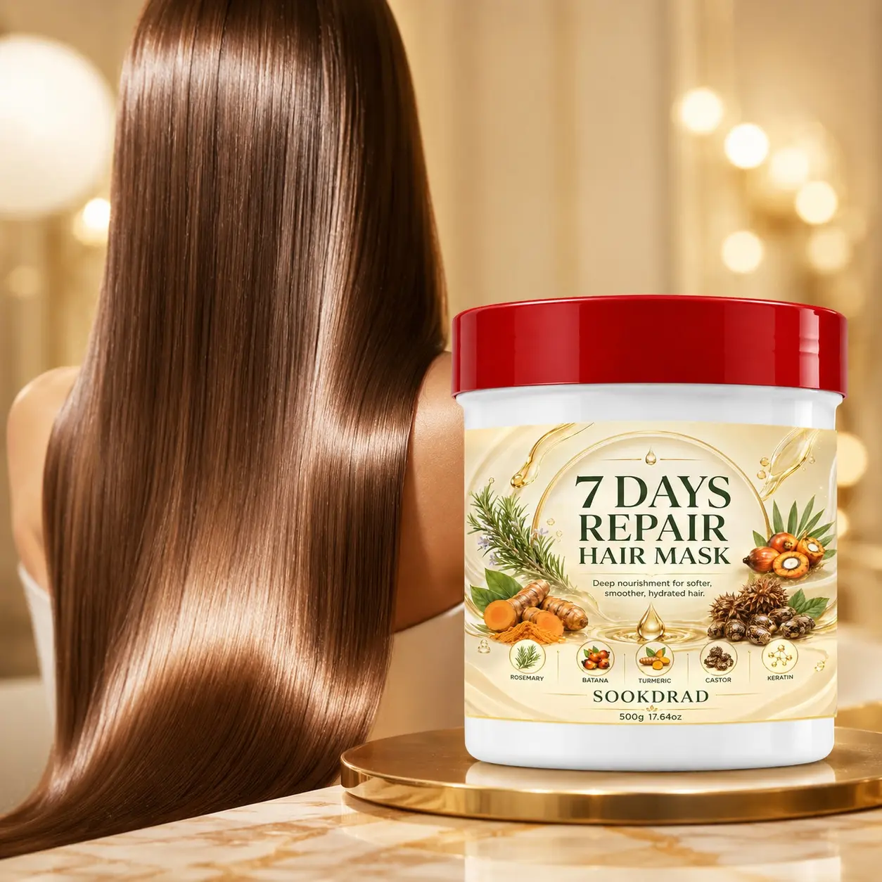7 Days Repair Hair Mask, with rosemary, batana, turmeric, castor, keratin, deep nourishment, softer hair, smoother hair, hydrated hair, 500g