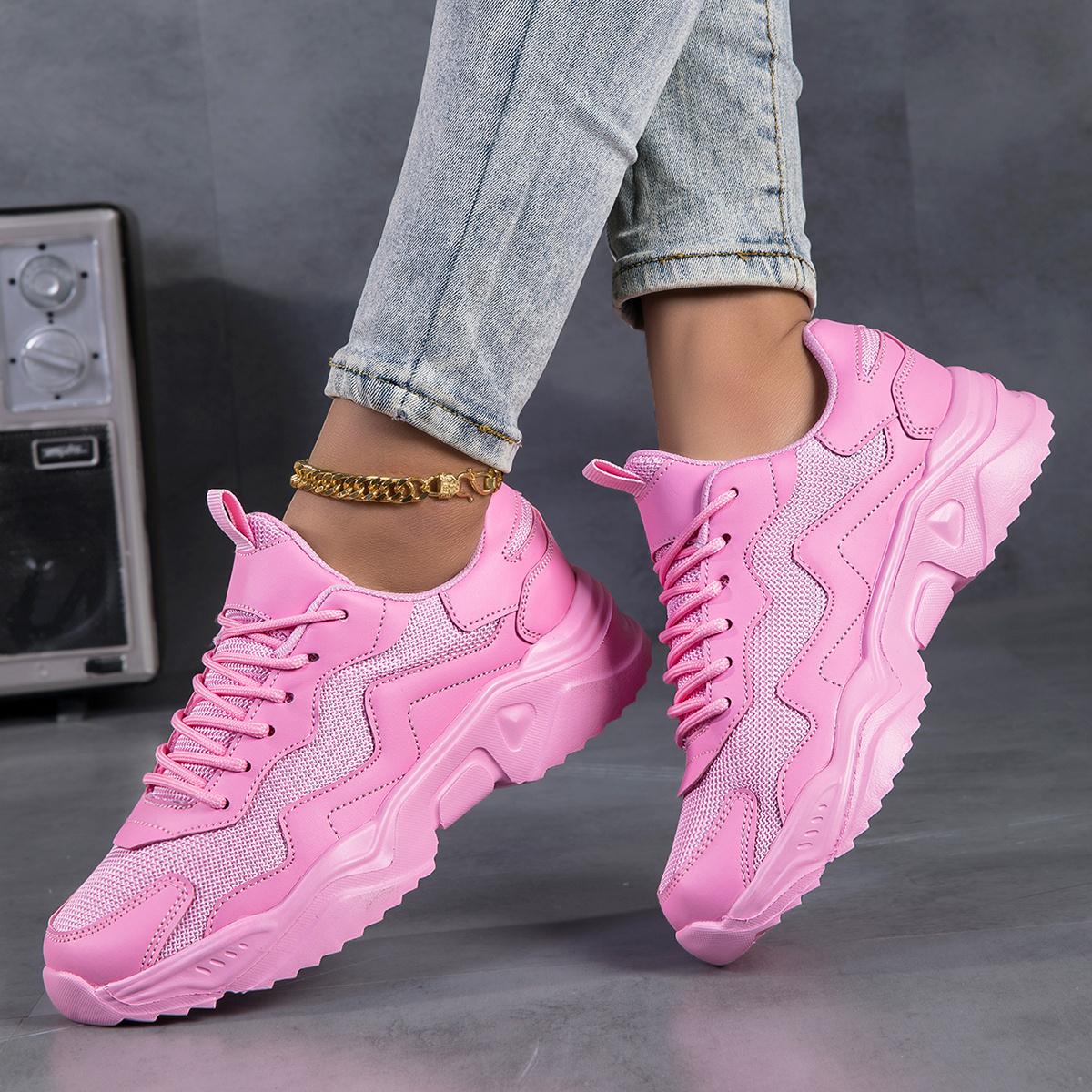 Women's Solid Color Casual Sneakers - Breathable Sneakers with Thick Sole, Low-top Lace-up Walking Shoes, EVA Sole, Fabric Lining - Cortable Ankle Sock Shoes for Fitness and Walking, Fashionable Shoes for All Seasons - For Women .