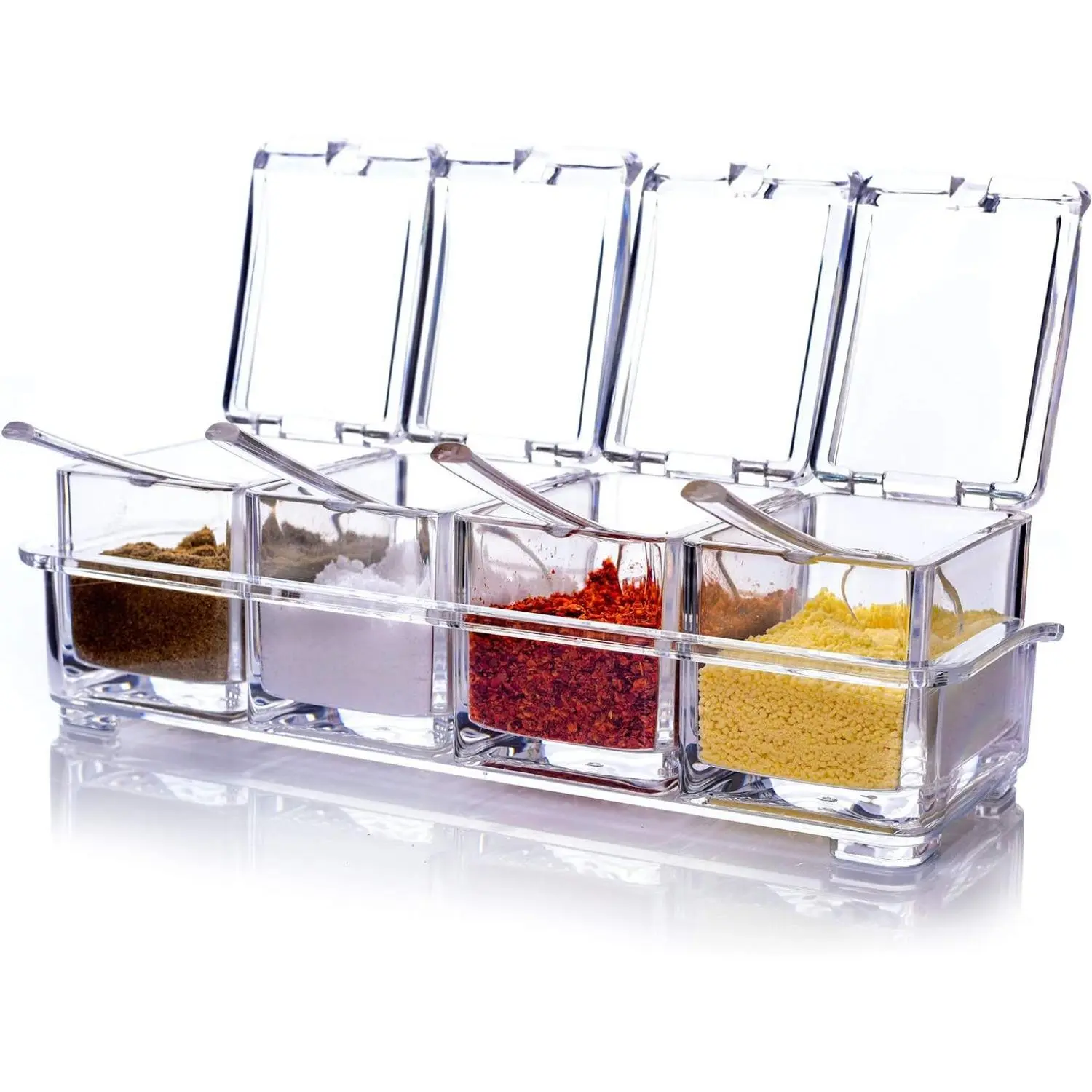 4-Piece Transparent Acrylic Kitchen Canister Set - Spice Jars, Condiment Containers with Lids, 4 Spoons, 1 Tray, Serving Utensils Organizer for Salt, Sugar, Pepper