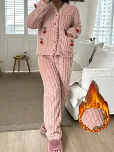 Sweet Cherry Embroidered Pajamas, Button Front V-Neck, Long Sleeve, Loose-Fit, Warm Coral Fleece, 2-Piece Set, Fall & Winter
