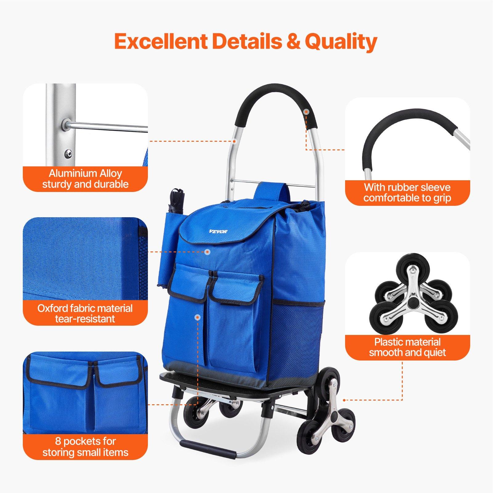 【Summerfinds】VEVOR Carbon Steel Stair Climber Trolley Dolly, 36L Foldable Compact Shopping Cart with 6 Wheels & Oxford Cloth Bag, Portable Transportation Cart with Storage Bin