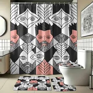 4pcs Abstract Geometric Evil Grin Beard Man Shower Curtain, and Gothic Face Pattern, Artistic Halloween Party Style Bathroom Accessory