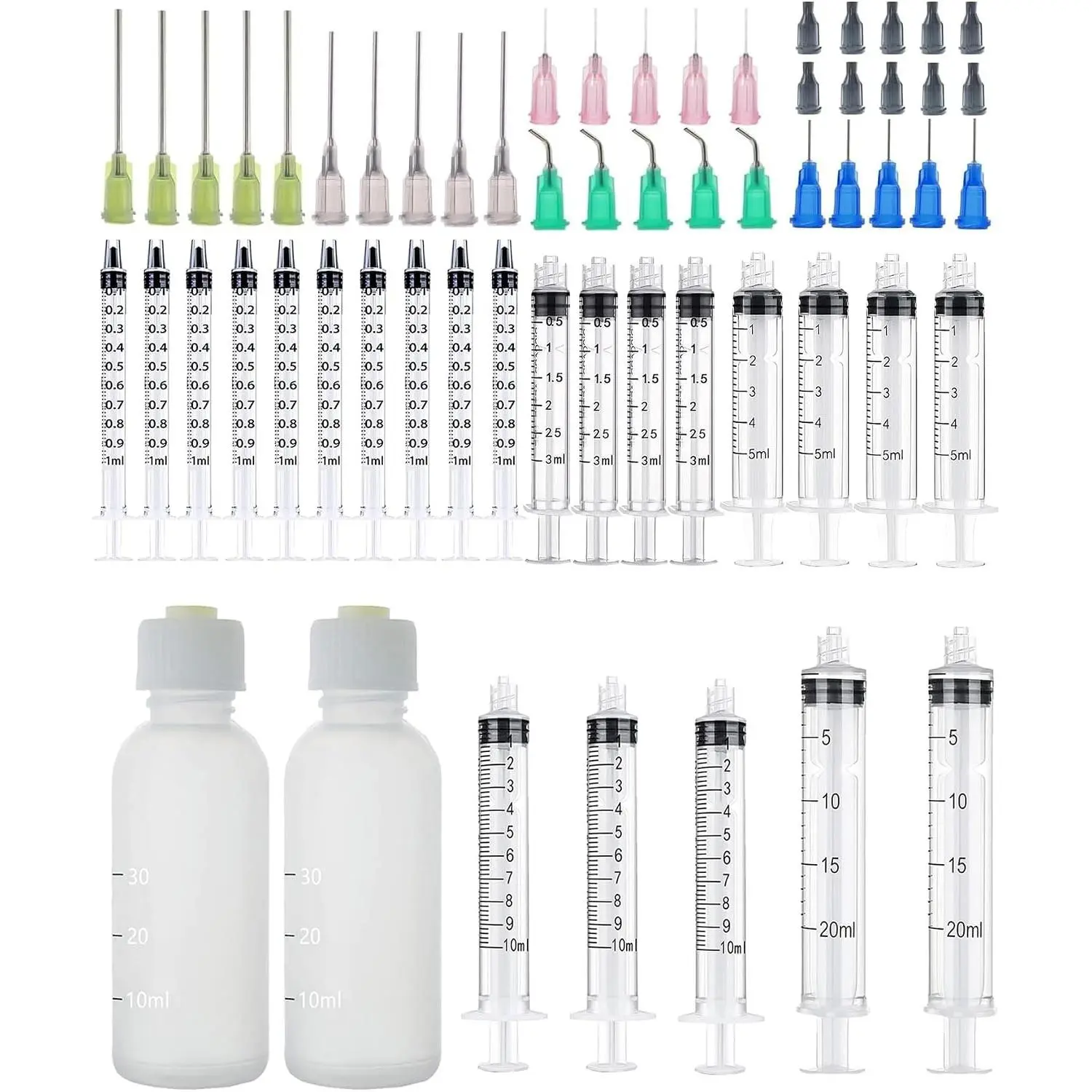 25 Pack 1ml, 3ml, 5ml, 10ml, 20ml Measuring Dispenser, 30ml Glue Bottle, 14ga, 16ga, 18ga, 20ga, 22ga Dispensing Accessories and Caps, Measuring and Refilling