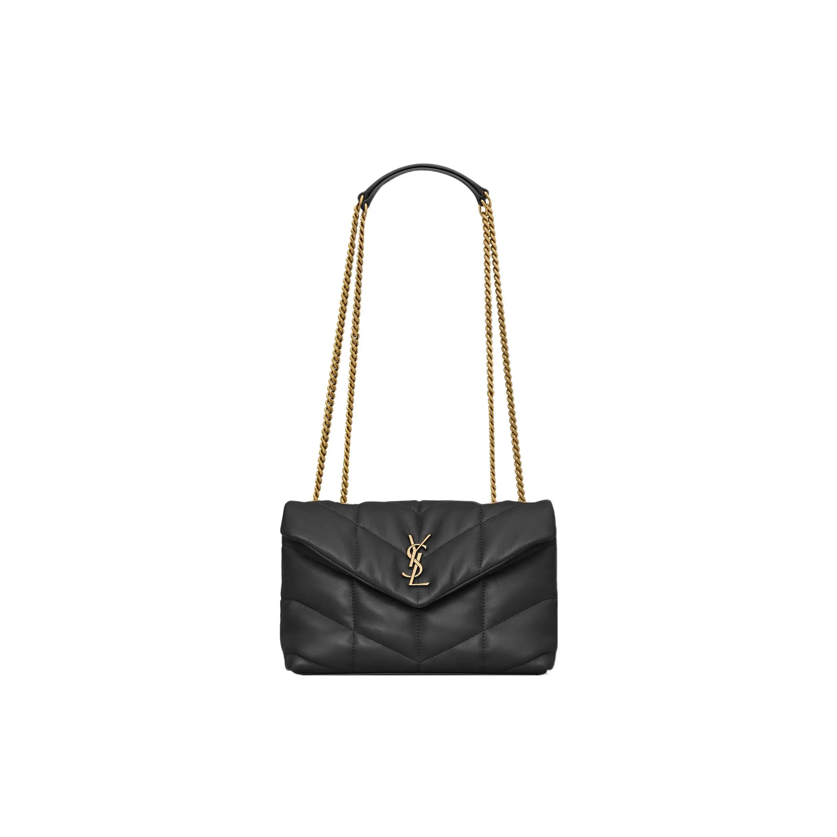 Saint Laurent YSL Puffer Mini Handbag for Women with Bronze Metal Hardware, Lambskin Leather, Dual-Chain Strap, Black