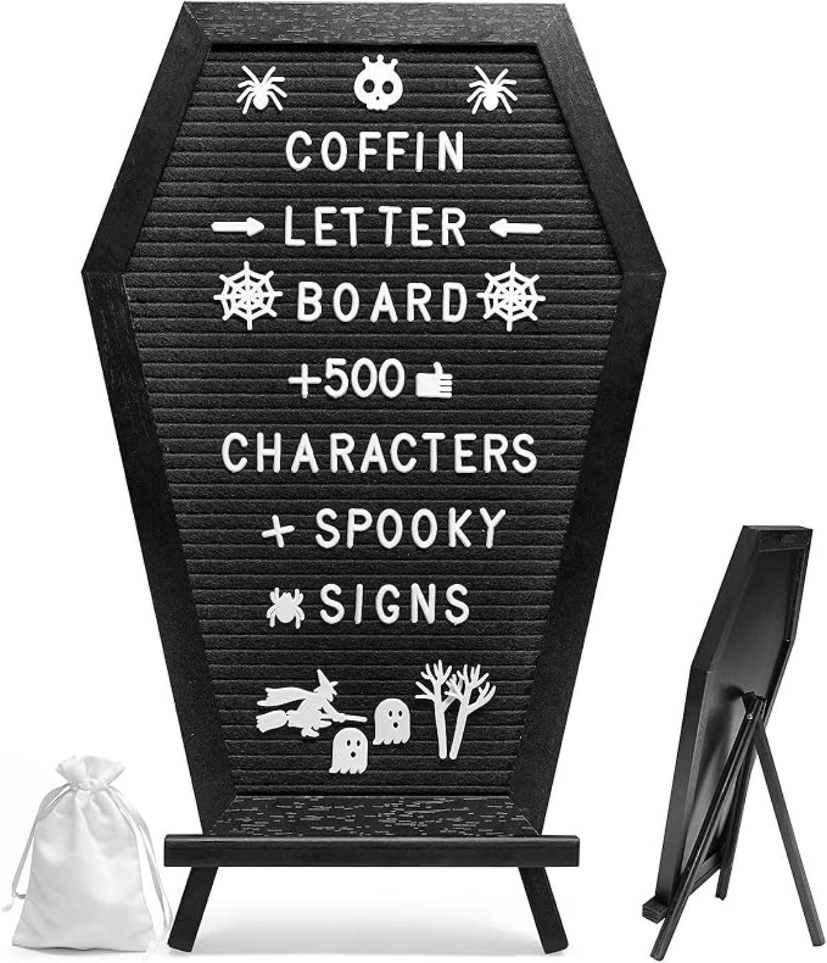 Coffin Letter Board Sign with 500 Characters Spooky Halloween Characters Wooden Stand and Canvas Bag 16 x 11 Inches Halloween Coffin Felt Letter Board for Home Gothic Halloween Decor