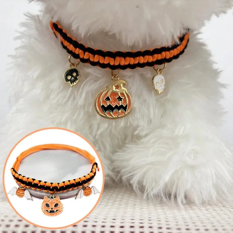 Pet Collar Breakaway Halloween pet collar hand-woven dog cat pendant small dog collar Halloween Funny Pumpkin Decoration pink harness