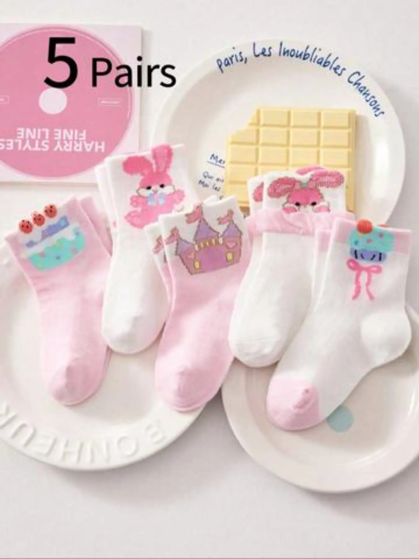 5 Pairs Girls' Crew Socks, Bunny Cartoon Butterfly Kilt, Breathable Student Socks, Soft Comfort, All Seasons, Korean Style