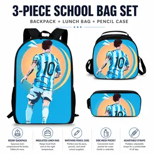 Football pattern printed 17-inch backpack three-piece set (single-layer backpack + round lunch bag with shoulder strap + single-layer pencil case)