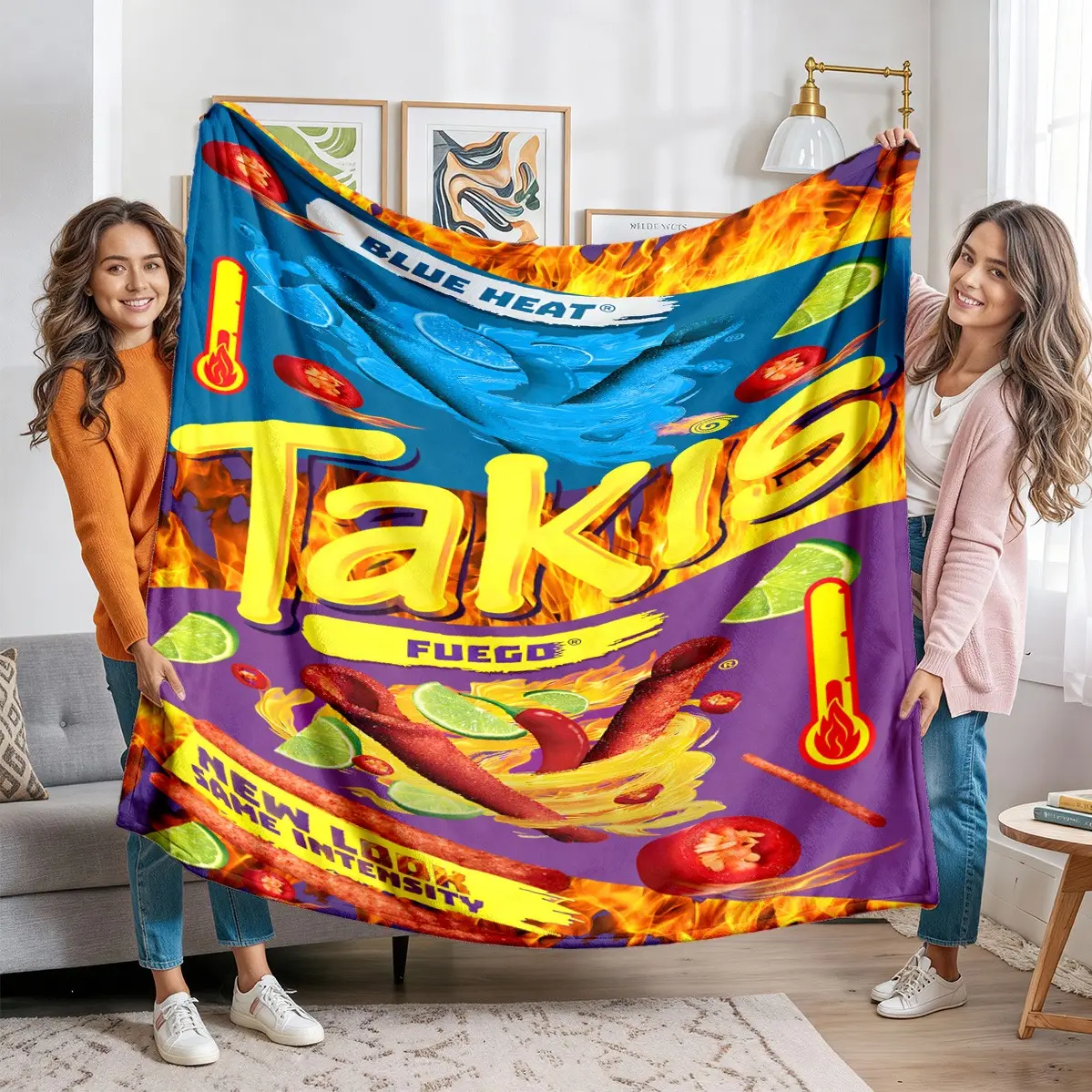 Takis Snack Lover Delight! Blue Flame Theme Flannel Blanket, Full Print Blue Heat/fuego Classic Flavor, Warm Cozy Decorative Throw