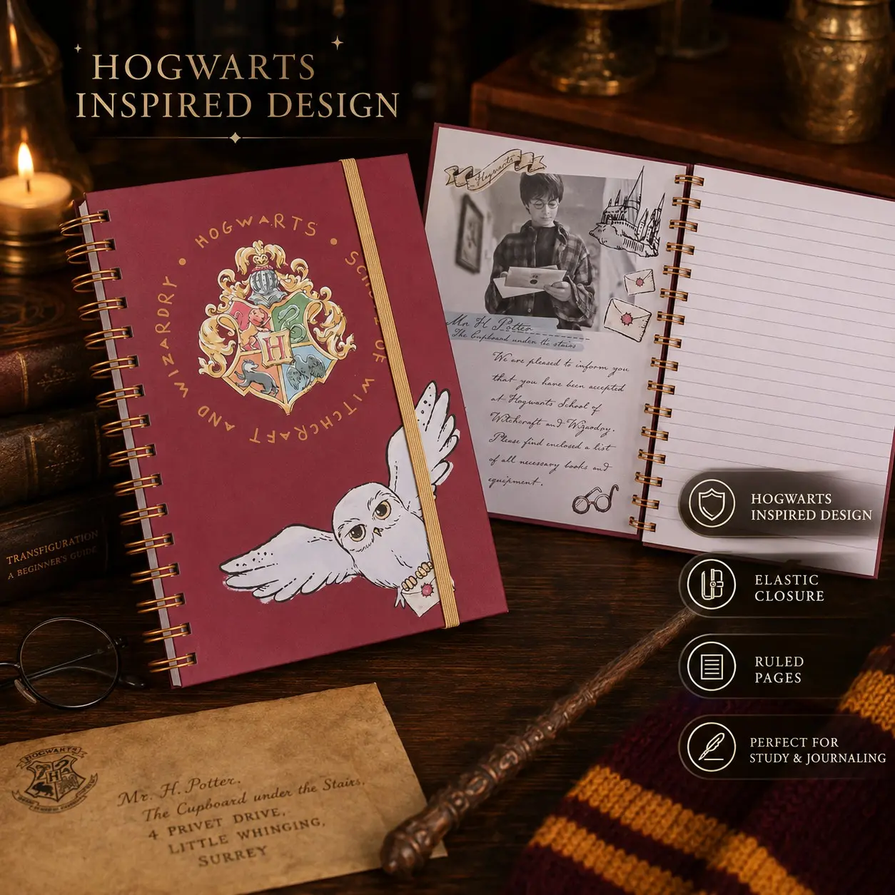 Harry Potter Hogwarts Crest Spiral Notebook, Hedwig Owl A5 Lined Journal, Elastic Band, Aesthetic Hardcover, 6x8 Inch, Wizard Fans Gift