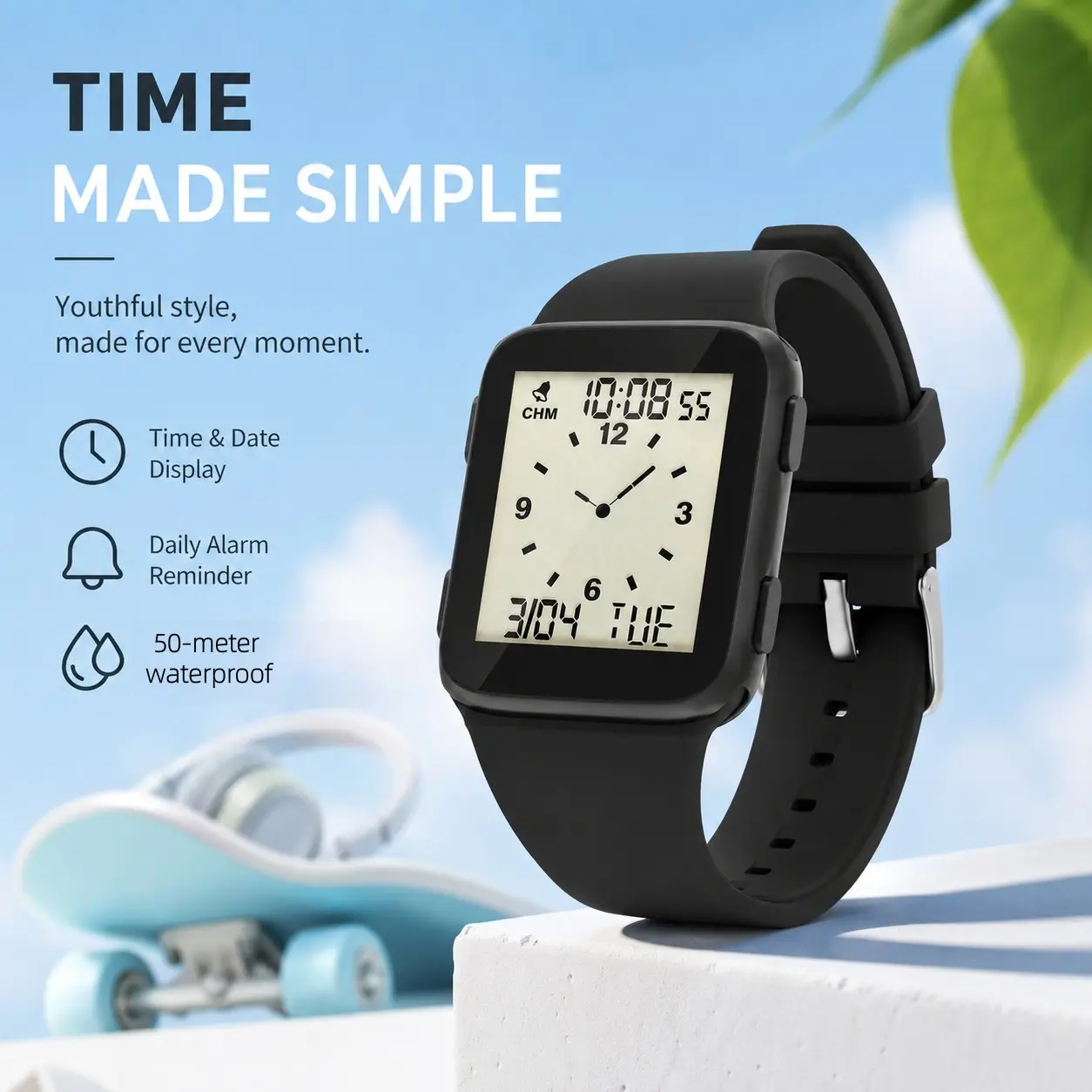 Unisex watch, water-resistant, displays time, date, and day of the week, 12/24-hour format switch, hourly chime, alarm, large dial with backlit LED display for everyday and outdoor use—men's wristwatch, multifunctional wristwatch