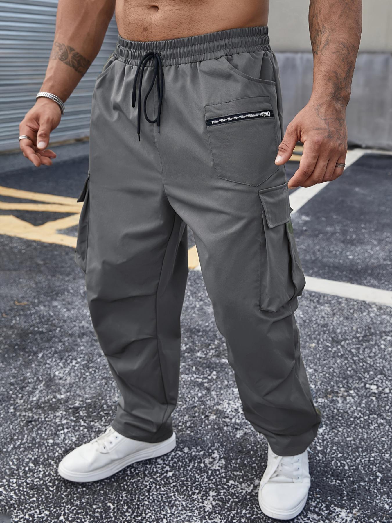 Plus Size Solid Drawstring Waist Cargo Pants, Casual Streetwear for Daily Wear, Men's Dark Gray Trousers for All Seasons