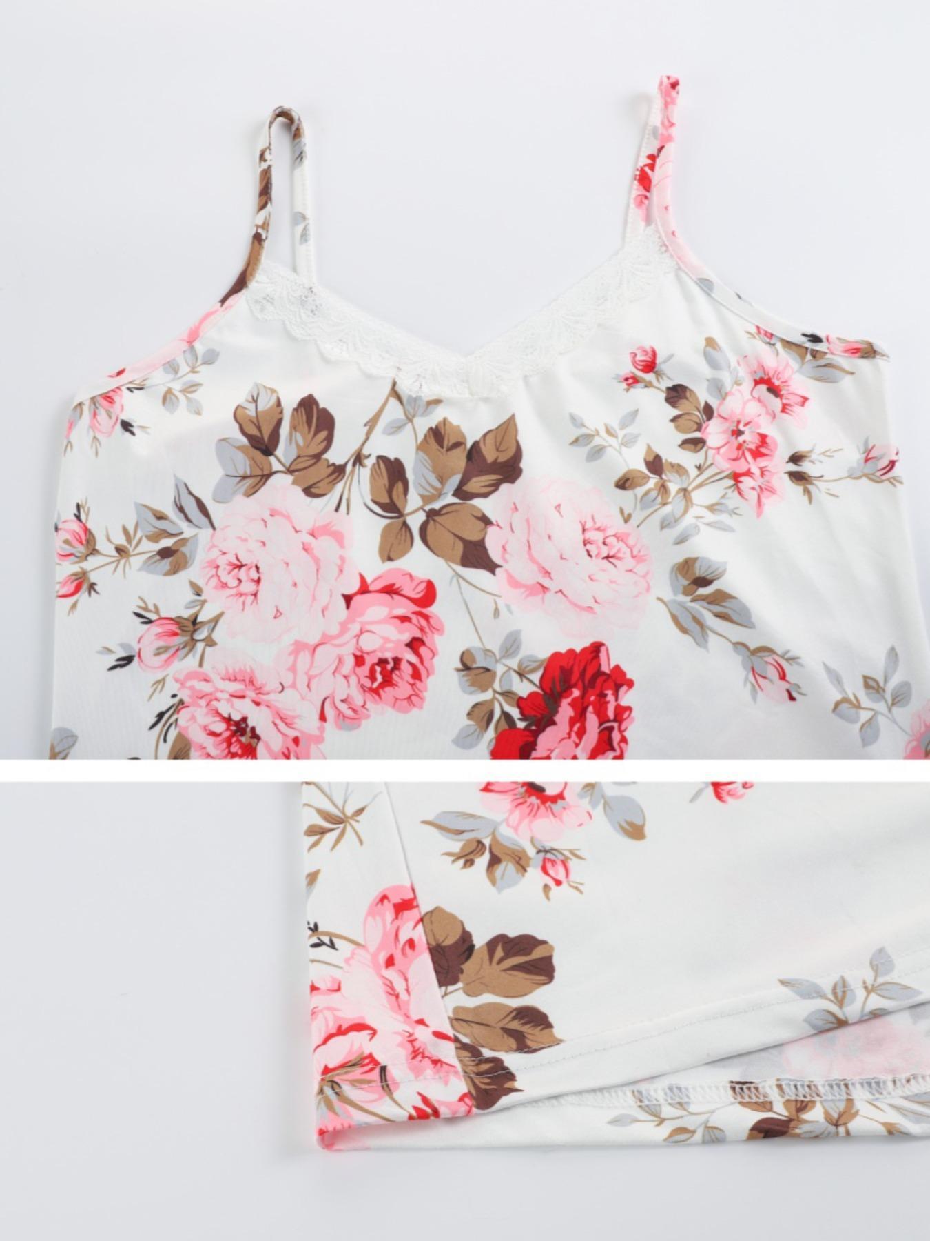 【Plus Size】 Floral Print Lace Trim Cami Nightdress & Open Front Long Sleeve Robe Two-piece Set, Casual Comfy Pyjama Set for Women, Women's Sleepwear for Spring & Fall