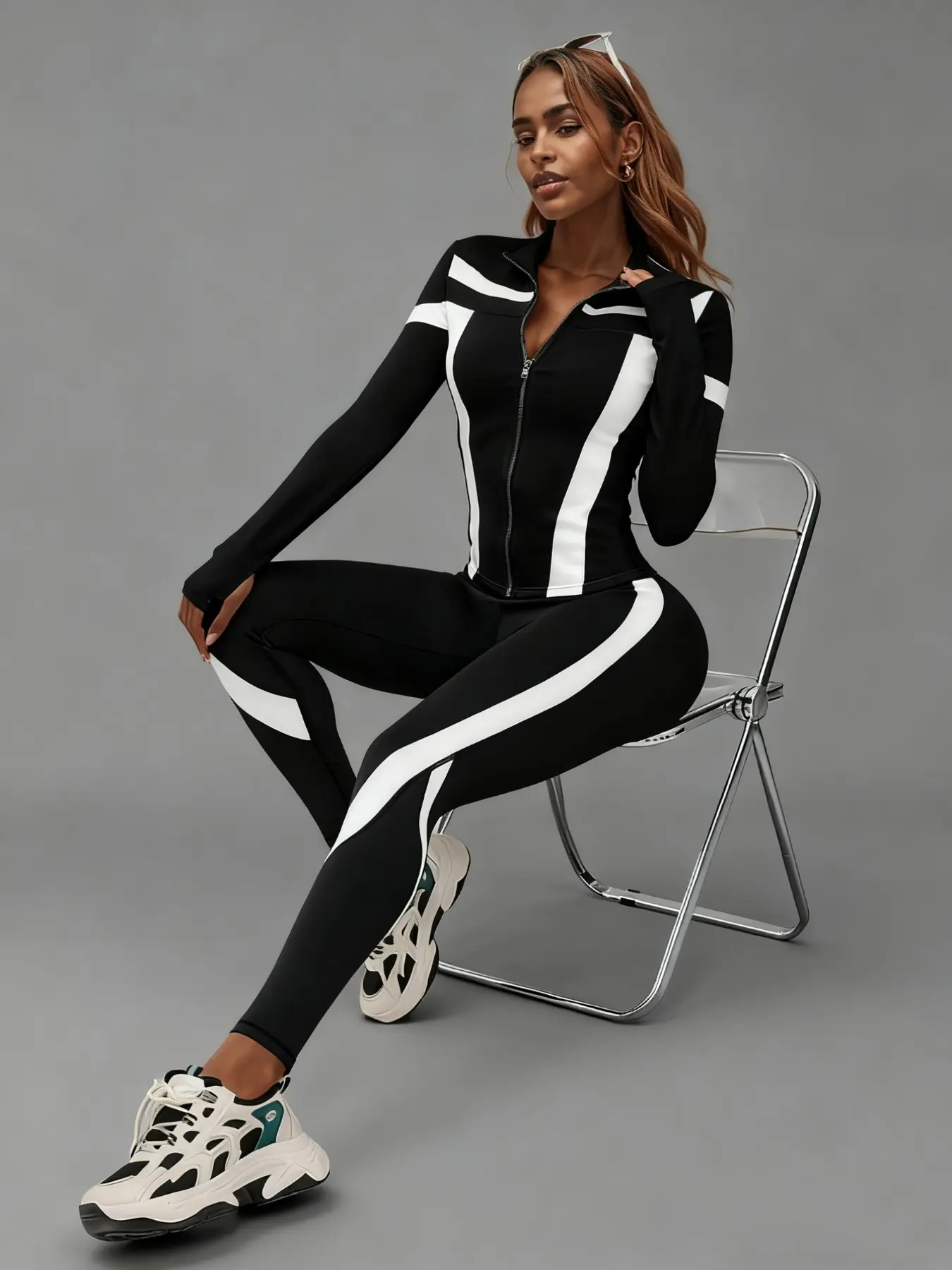 Women's Sport Jacket and Tight Pants Set, Lightweight Zipper Closure, Color Block Design, Ideal for Gym, Running, Yoga