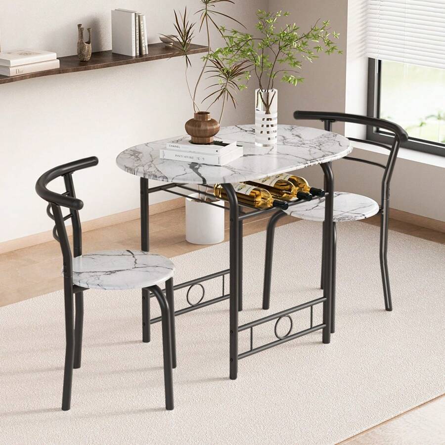 3-Piece Space-Saving Round Dining Set for 2, Kitchen Breakfast Nook Table & Chairs with Built-In Wine Rack, Wood Grain Tabletop & Metal Frame
