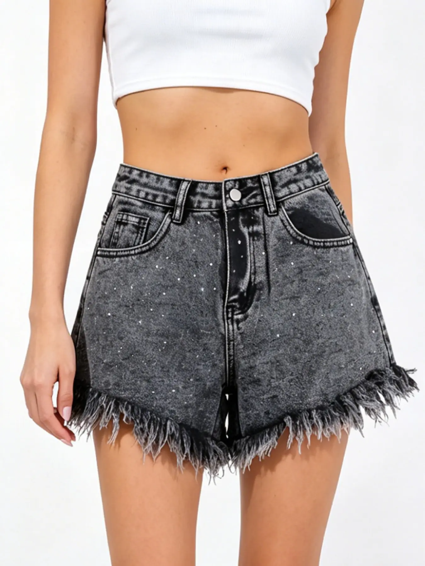 Snow Wash Silver Color Rhinestone Frayed Denim Shorts, High Waist Loose Fit Wide Leg Slimming Short Pants, Casual Outdoor Party Vacation