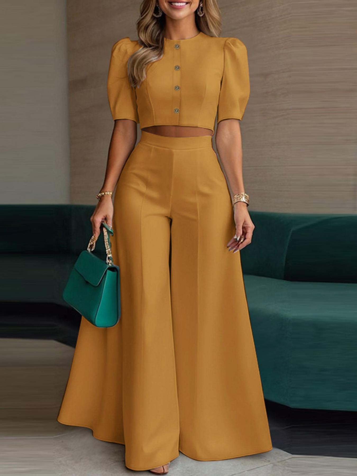 Two-Piece Set Women's Plain Woven Cropped Top & Elastic Waist Wide Leg Pants, Elegant Fashion Top & High Waist Trousers for Daily Wear, Womenswear for Summer