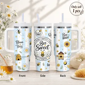 Bee Happy Seamless Vacuum Flasks 40oz Stainless Steel Tumbler with Handle & Straw – Vacuum Insulated Travel Mug, Keeps Drinks Cold Up to 24H, Leak-Resistant Cup for Iced Coffee, Water, Gym, Office & Travel