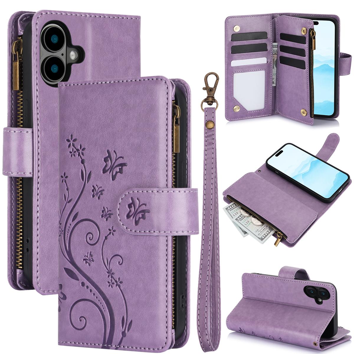 HISTORYOO For iPhone 17 Pro Max Air 17 16 15 14 Plus 13 12 Pro 17e 16e Case Lanyard Cute Floral Embossed Butterfly Wallet Wrist Strap 6 Card Slots Standing Function Zipper Pocket Soft PU Leather Flip Fold Stand Magnetic Closure Protective Cover Women Girl