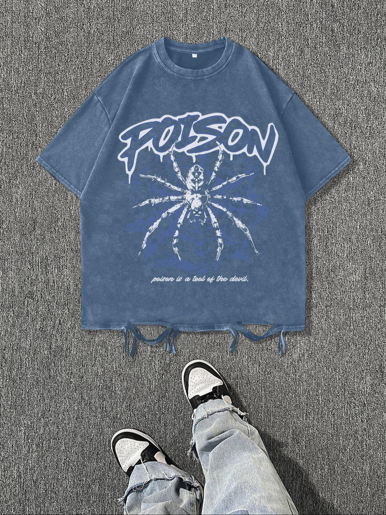 Men's Vintage Letter Print Raw Hem Round Neck Tee, Regular Fit Casual Short Sleeve T-shirt, Men's Summer Top for Daily Wear, Cotton