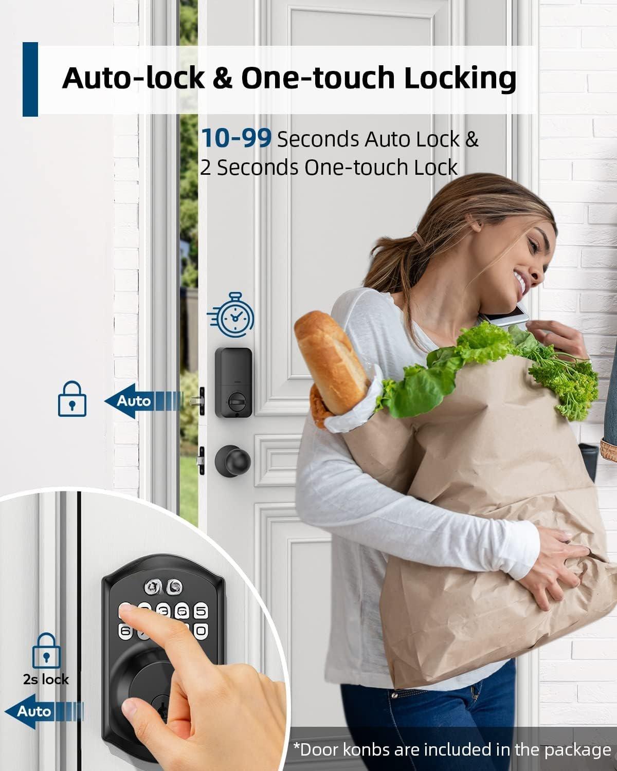 TE001K Keyless Entry Door Lock with Handle,  Keypad Deadbolt with 2 Knobs, High- Front Door Handle Set for Home & Rental,  Auto-Locking, Easy Install, Matte Black