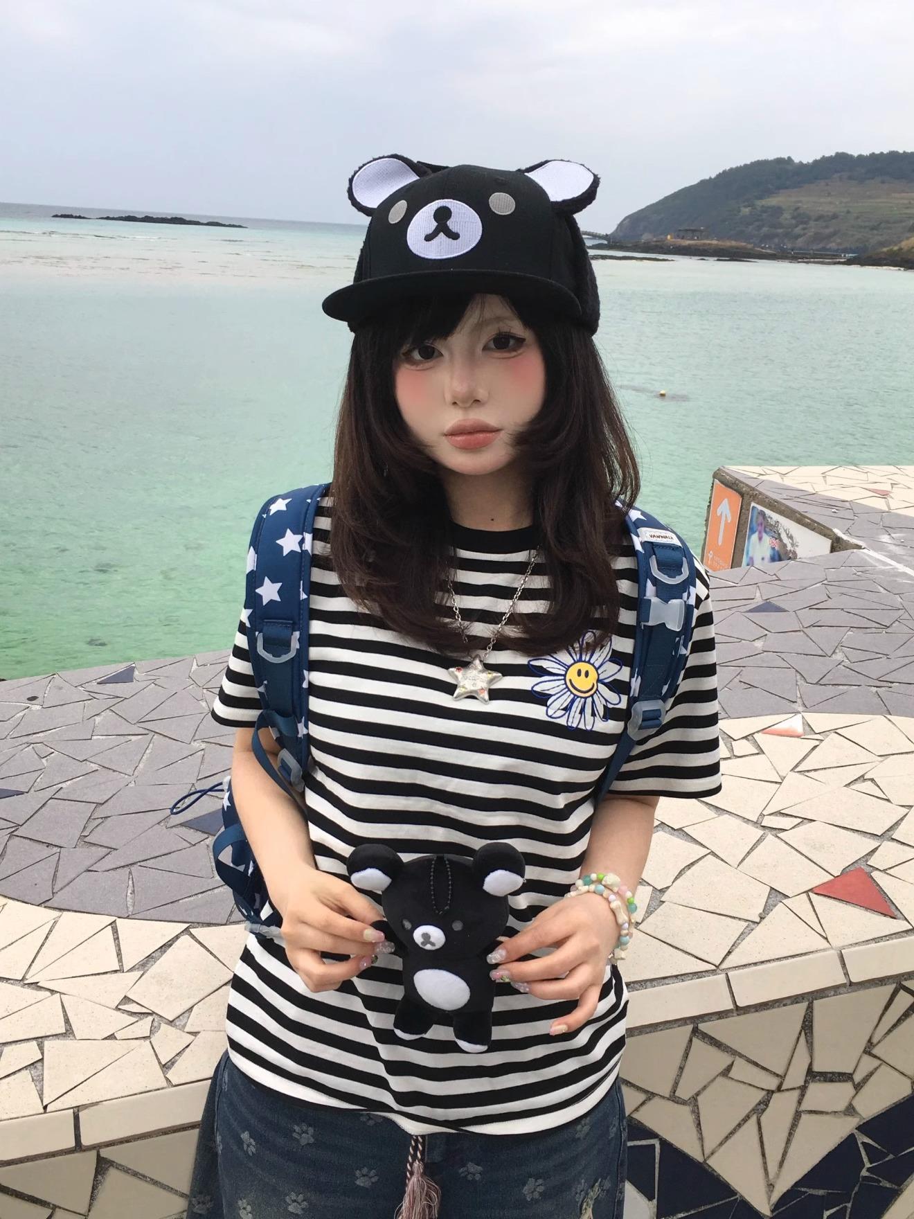 Cute Bear Ears Black Baseball Cap Adjustable Snapback Rilakkuma Inspired Y2k Sweet Cool Gyaru Daily Outfit For Girls Women