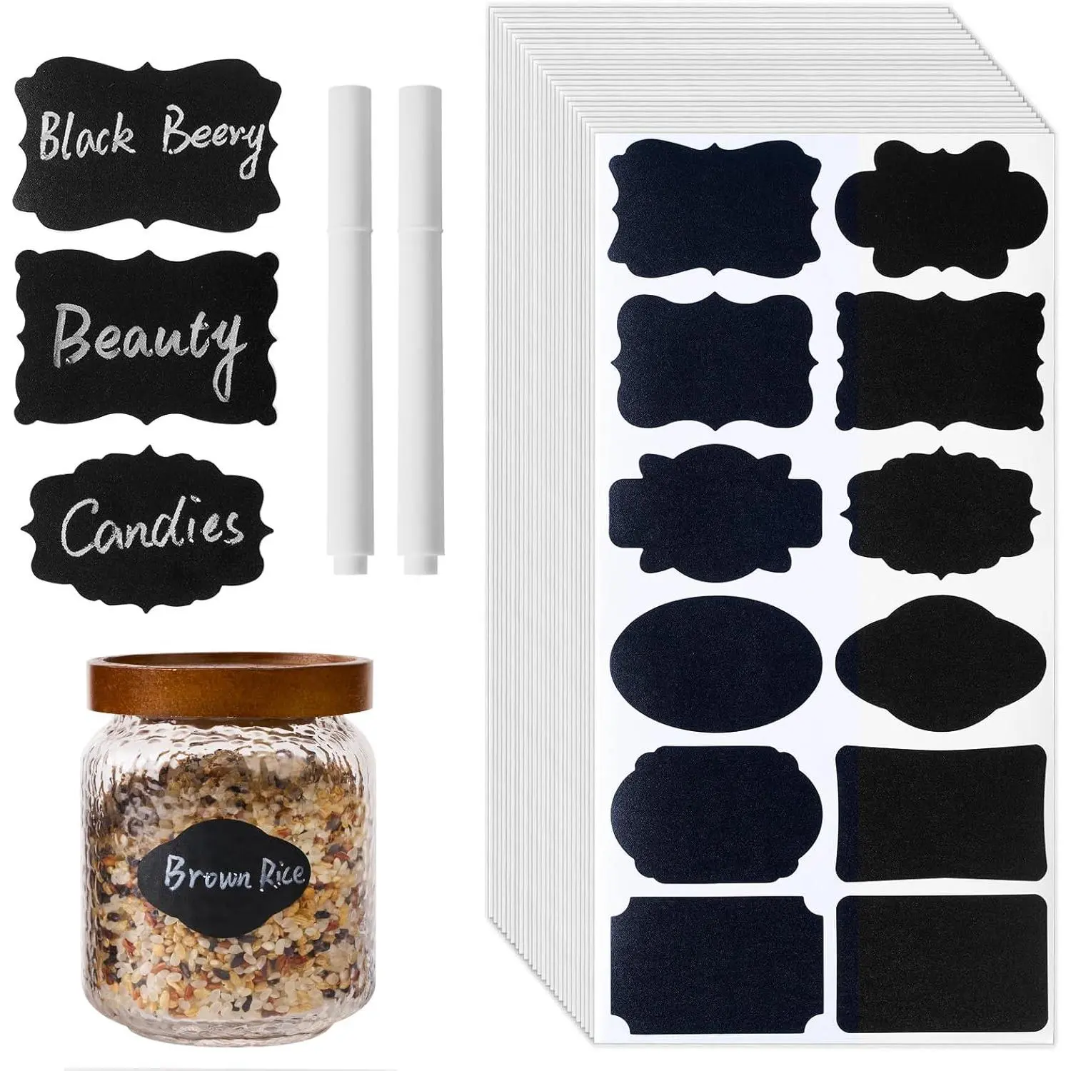 360 count Chalkboard Labels – 2.1x1.4 Inch  Blackboard Stickers with 2 White Erasable Chalk Markers, 12  Shapes, for Mason Jars,  Containers, and Pantry Storage