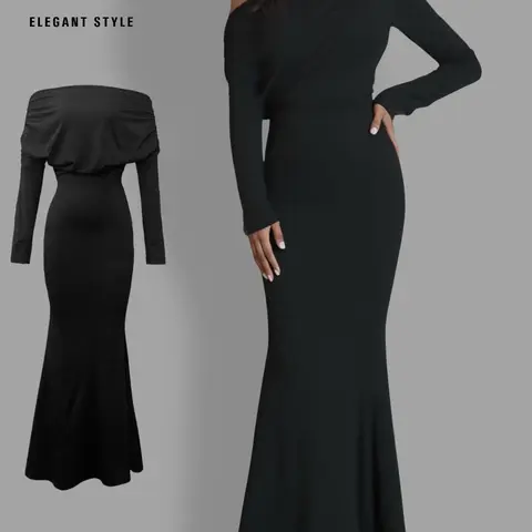 Elegant Women's Asymmetrical Neck Long Dress, Long Sleeve, One Shoulder Design, Floor-Length Evening Prom Gown, Formal Wear, Chic, Elegance, Perfect for Special Occasions