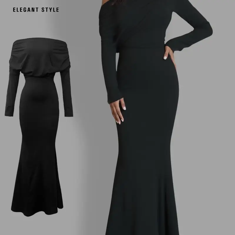 Elegant Women's Asymmetrical Neck Long Dress, Long Sleeve, One Shoulder Design, Floor-Length Evening Prom Gown, Formal Wear, Chic, Elegance, Perfect for Special Occasions