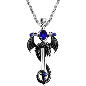 FUTIMELY Gothic Dragon Sword Cross Pendant Necklace - Punk Zircon Dragon Pendant - Vintage Wrapped Sword - Dark Gothic Jewelry for Men & Women