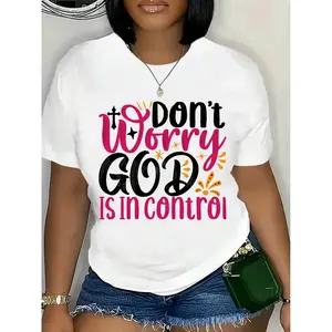 Casual Loose Knitted Short-Sleeve Sports Top, Faith-Themed Typography T-Shirt with "Don't Worry GOD Is In Control" Print, Playful Black, Pink, Orange Colors and Decorative Elements