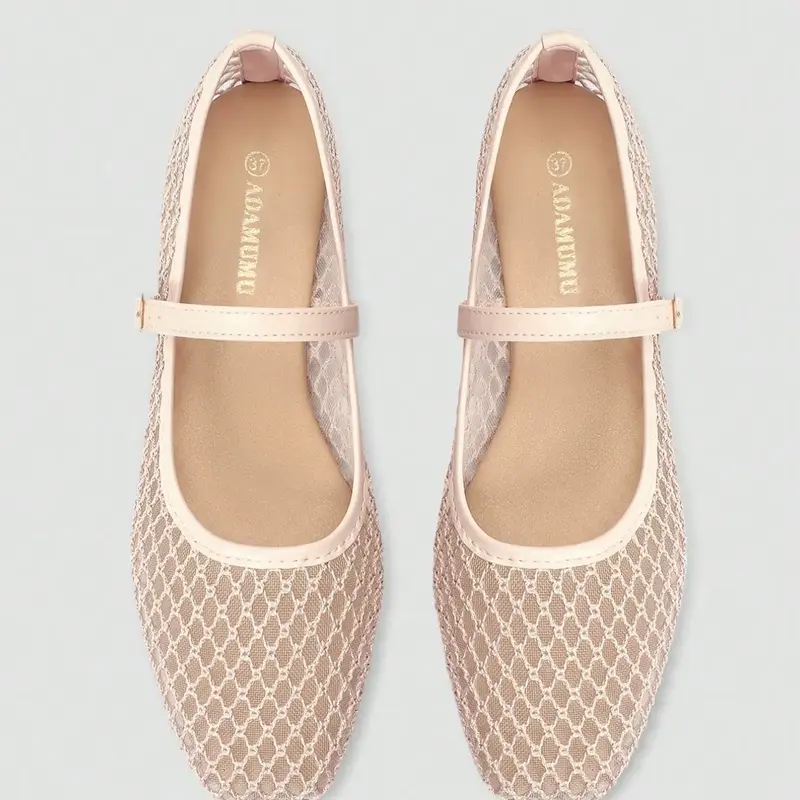 Women's Mesh Breathable Ballet Mary Jane Flats, Square Toe, Metal Buckle Strap, Comfortable Low Heel Shoes for Daily Commute, Office Commuting Shoes, Walking Shoes, Netted Ballet Flats, Feminine Balletina Flats, Fashionable Flats