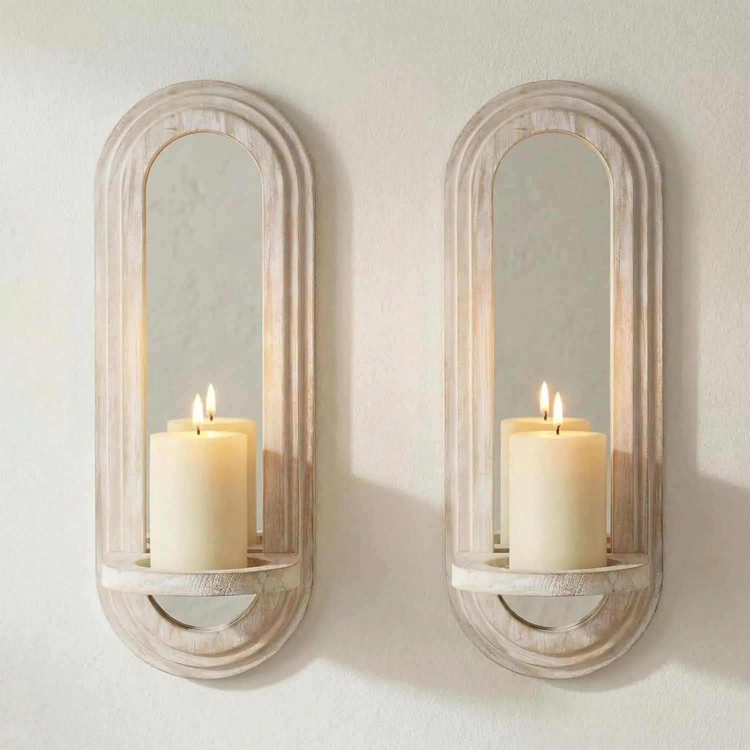 Wood Wall Sconce Candle Holder with Mirror - Set of 2 Distressed Wooden Candle Holders,Farmhouse Hanging Wall Décor,Vintage Rustic Wall Mounted Mirror Sconce for Living Room, Fireplace